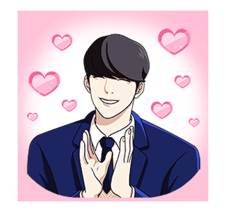 gif of daniel from lookism; his expression is of a closed eye smile and he's clapping his heads. hearts are floating around!